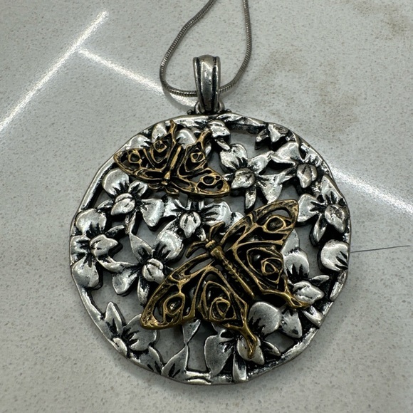 Mixed Metal Butterfly Pendant 2” On Chain - Picture 4 of 7